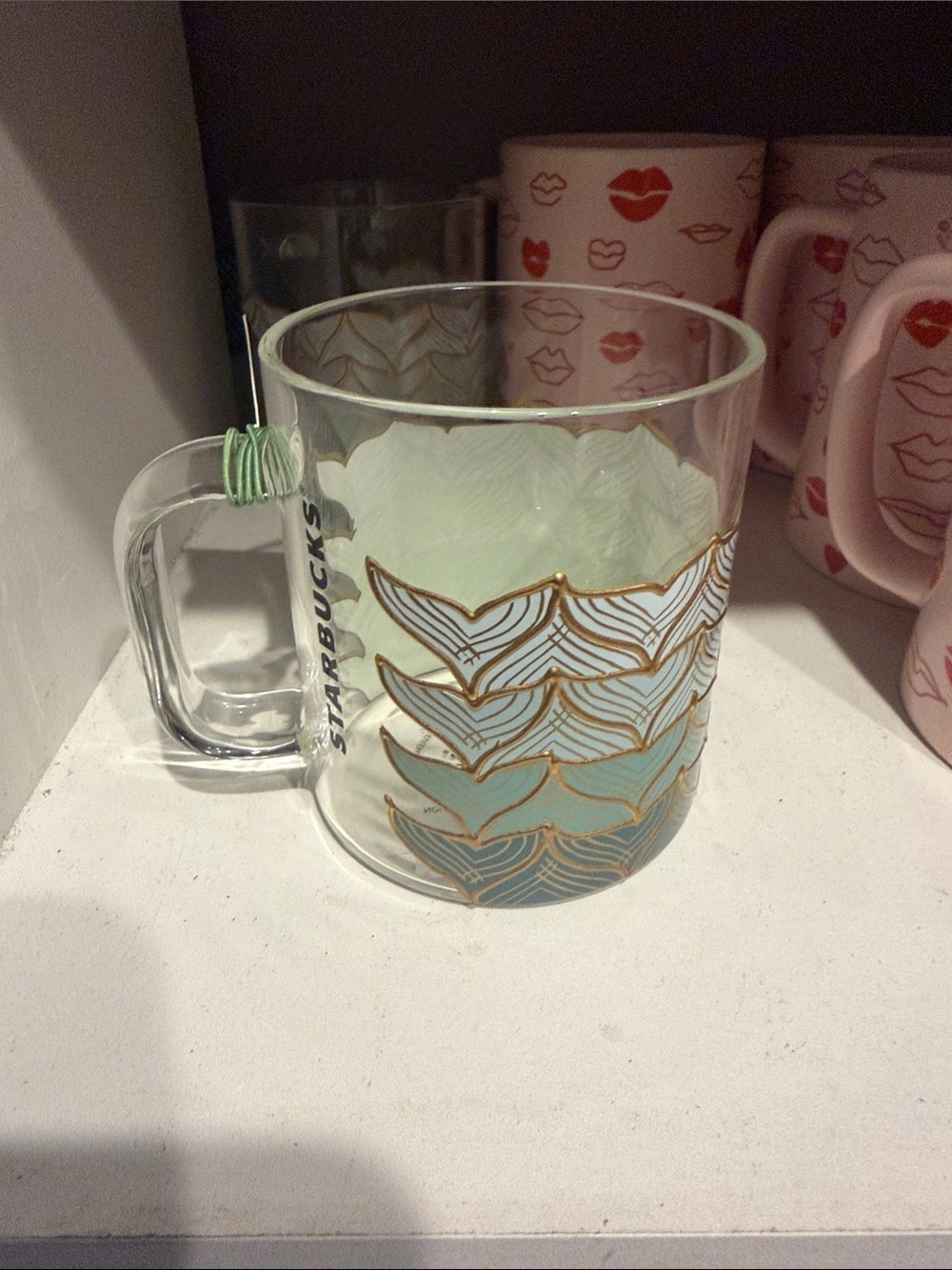 Starbucks Clear Glass Mug with Aqua and Gold Wave Motif